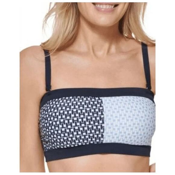 Tommy Hilfiger Iconic Colorblock Bandeau Bikini Top Monogram Sky Blue XS NWT - Picture 2 of 6
